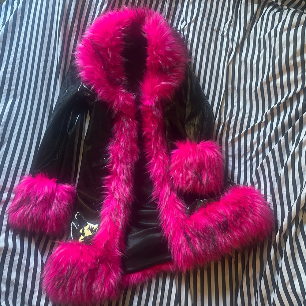 🍓 dolls kill widow worst behavior hot pink black vinyl penny lane style coat 🍓